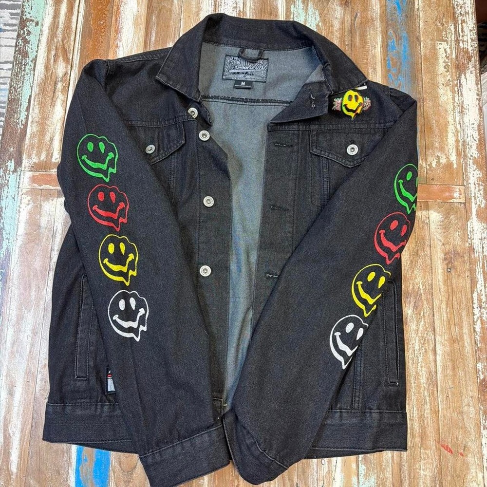Brooklyn Cloth Mens Black Denim Jacket Smiley Face Graphics Drip All Day Size M